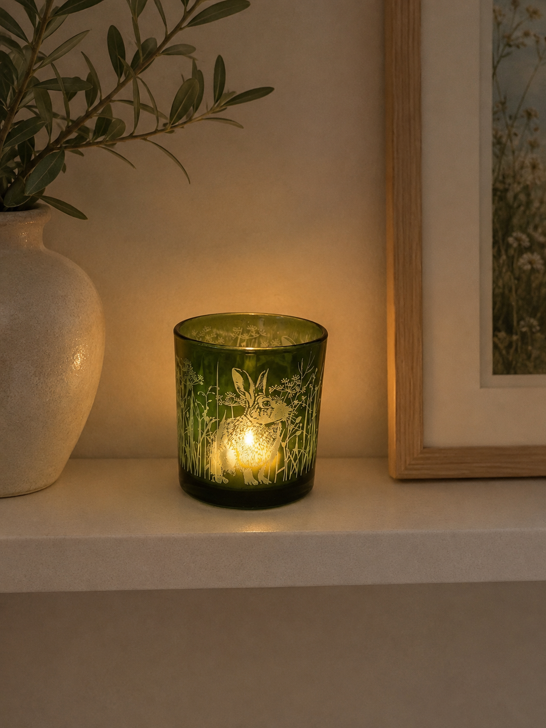 Green Rabbit and Flower Candle Holder