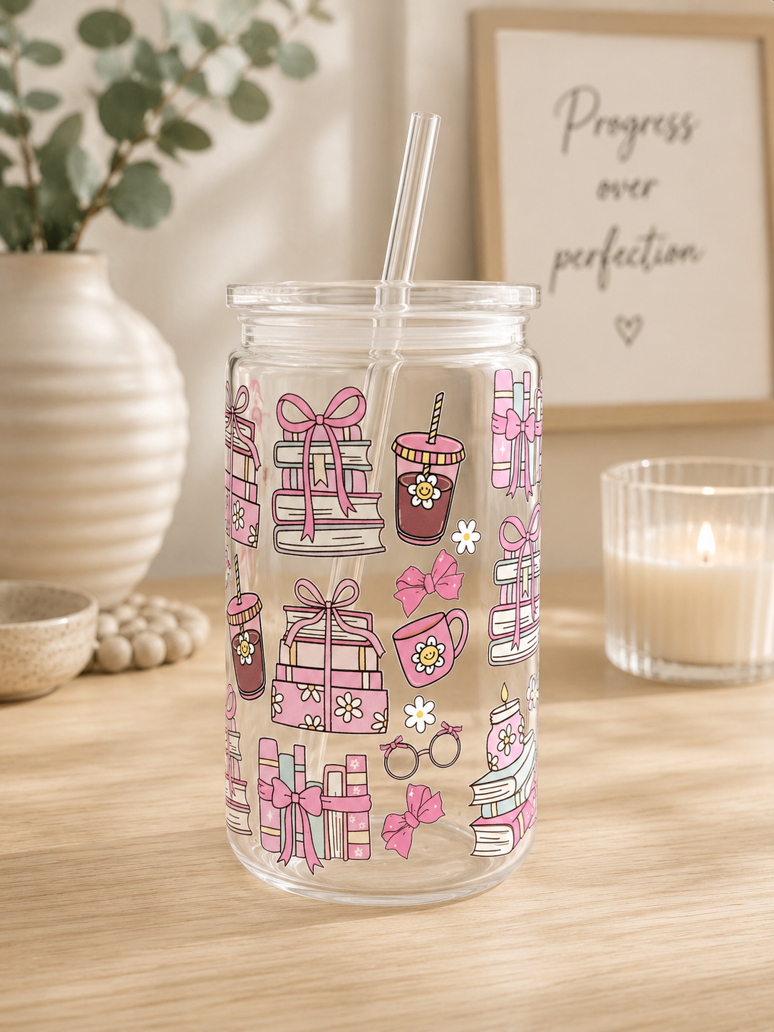 NEW - Cute Pink books and Coffee plastic can