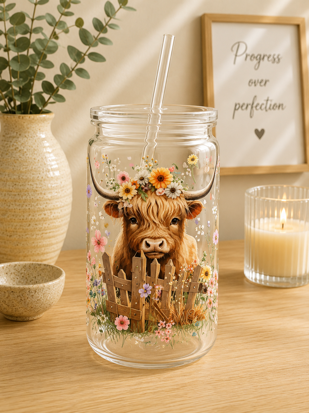 NEW Highland Cow and Flowers Plastic can