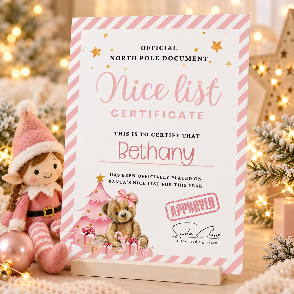 Personalised Pink Nice List Certificate.