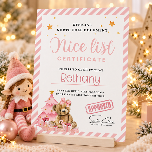 Personalised Pink Nice List Certificate.
