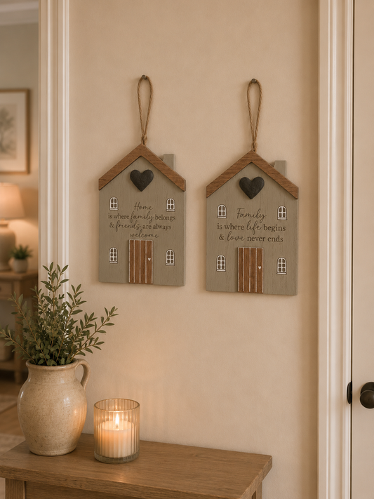 Set of 2 wooden Home and Family Hanging signs