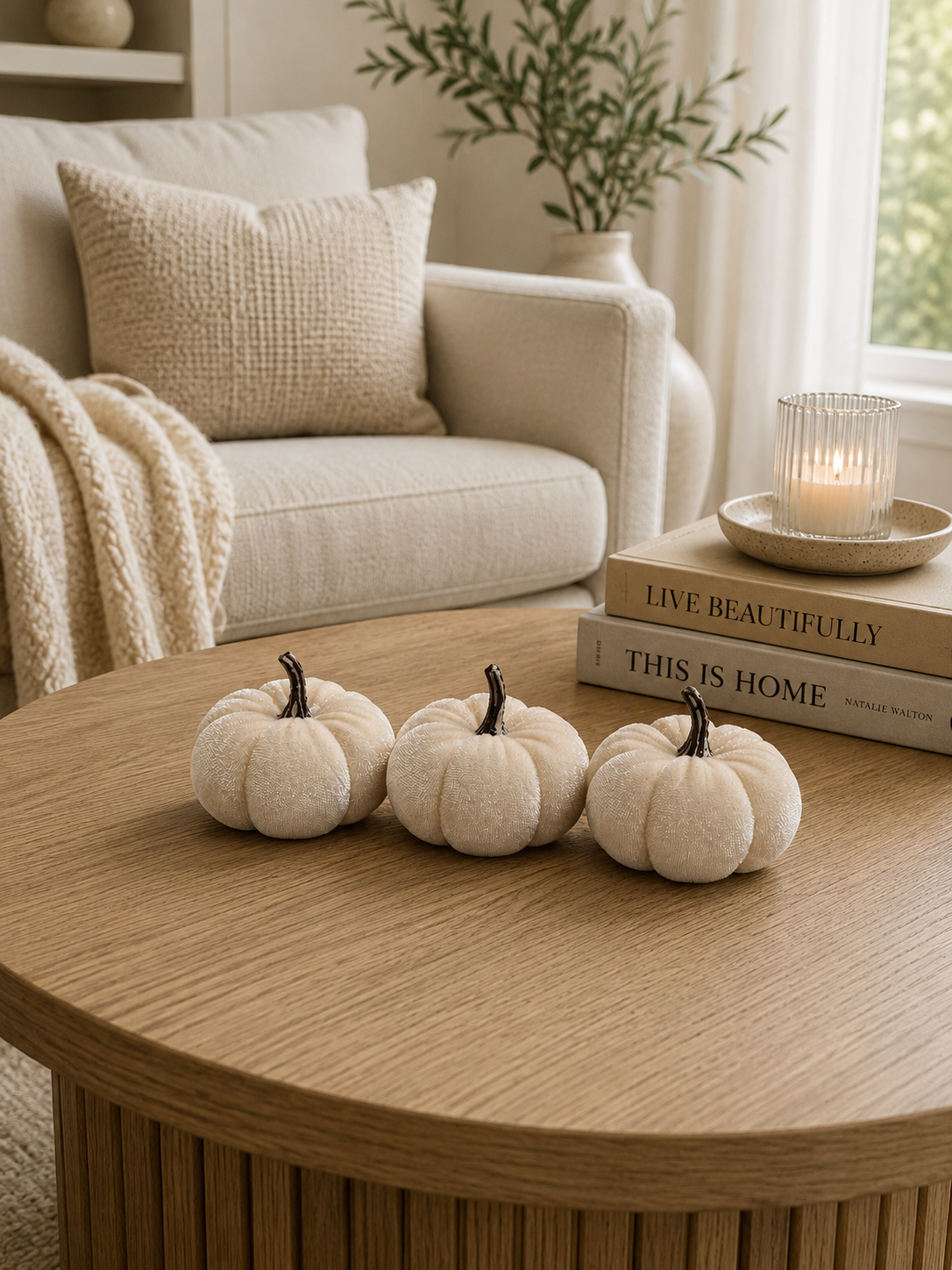 Set of 3 Velvet Cream Pumpkins