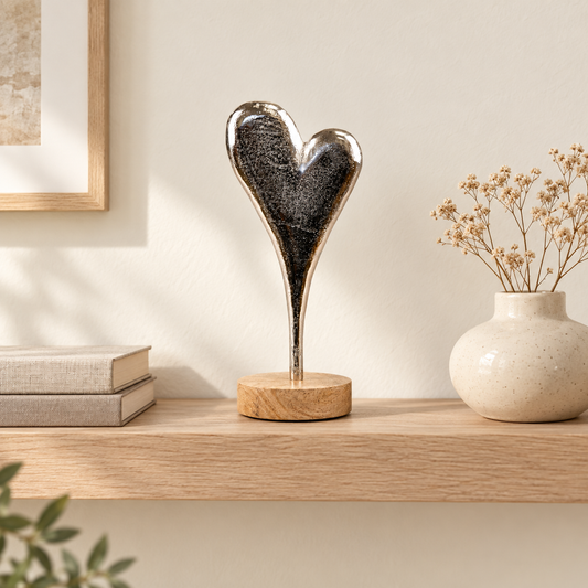 NEW - Silver Heart on Wooden Block