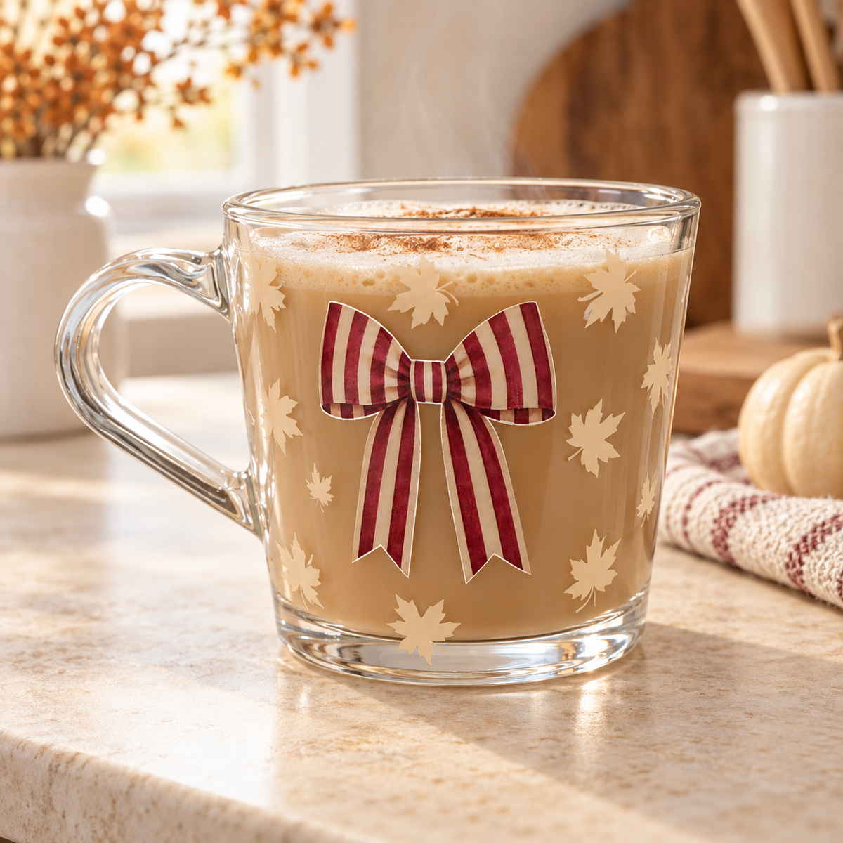 NEW - The Burgundy Striped Bow Glass Mug