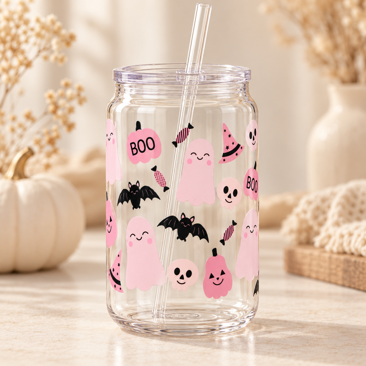Pink Boo Ghosts Plastic Can