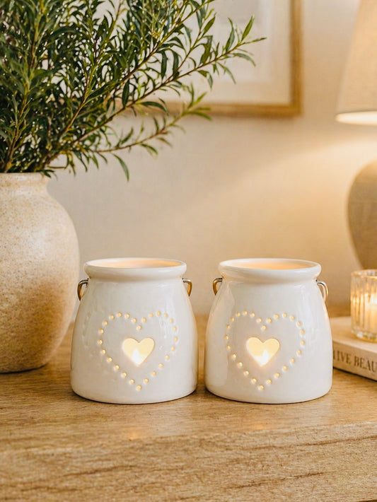**NEW** White heart tea light holder set