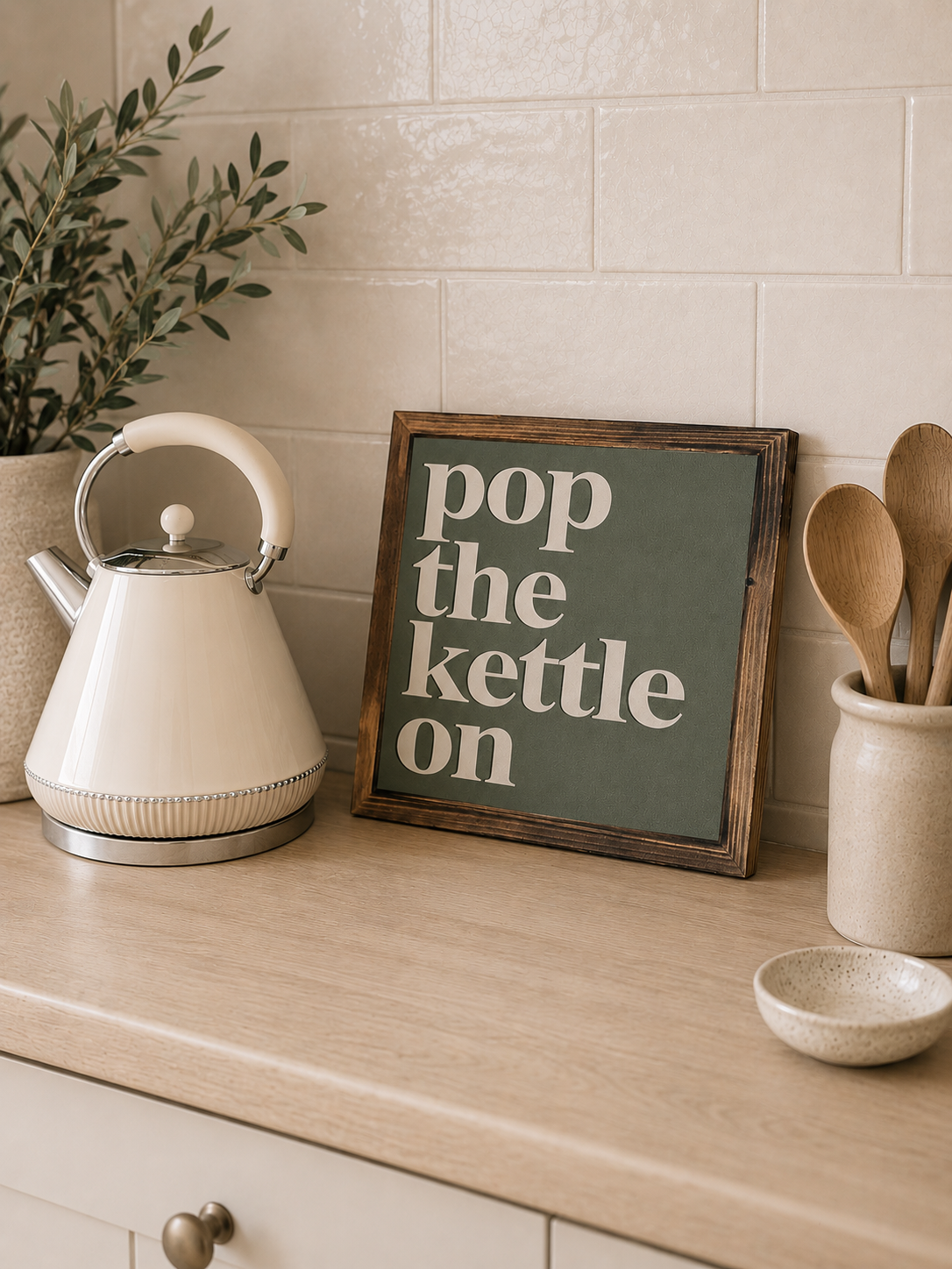 NEW Pop the kettle on thin wooden sign 20cm