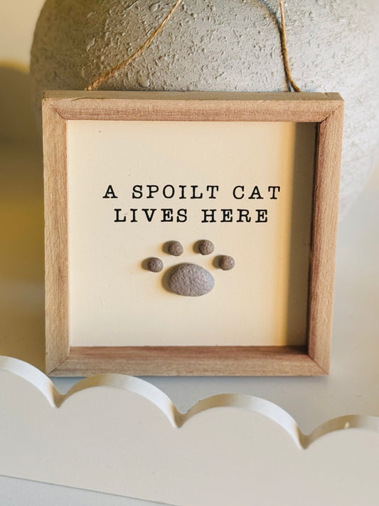 A spoiled cat lives here pebble frame