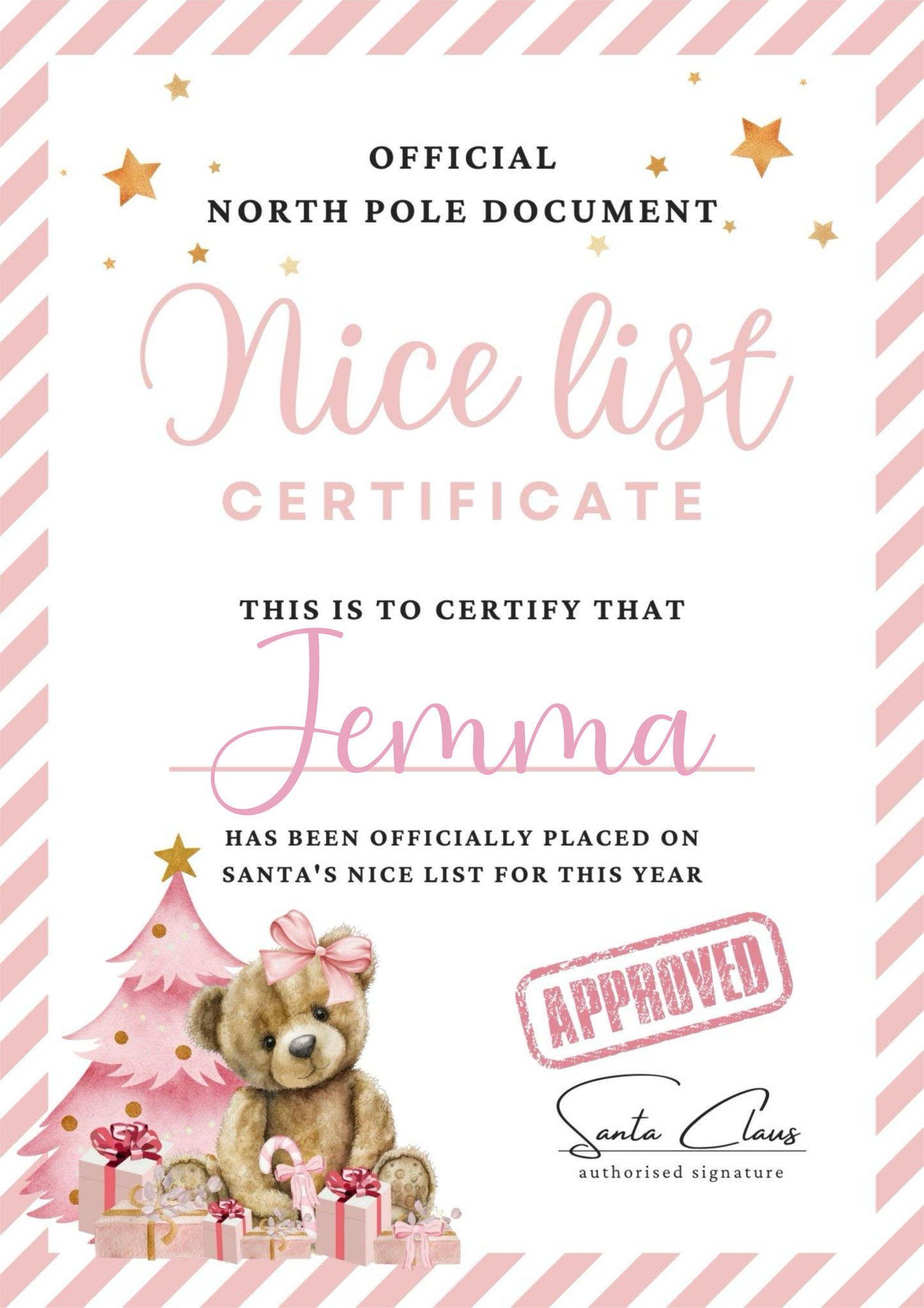 Pink Nice List Certificate - Personalised