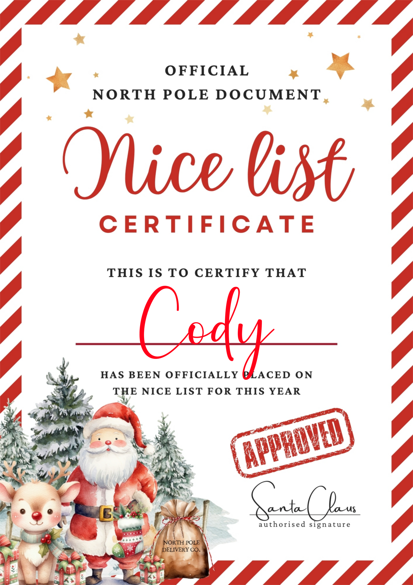 Red Nice List Certificate -Personalised