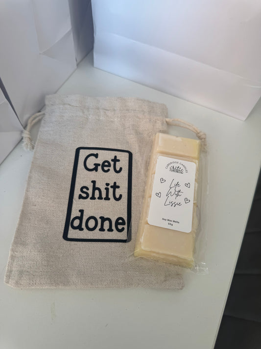 Get Shit done drawstring bag and wax melt from Curdridge Candles