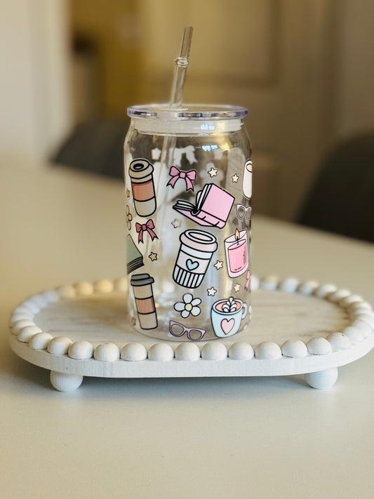 Cute Books n Coffee Plastic Can 16oz