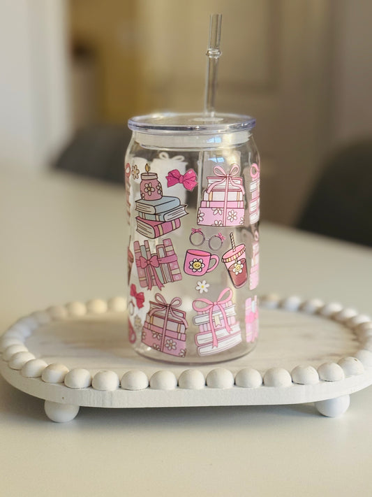 Cute Pink Books plastic can 16oz