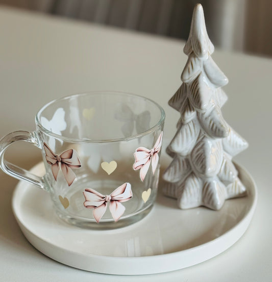Neutral Bows and Hearts Glass Mug